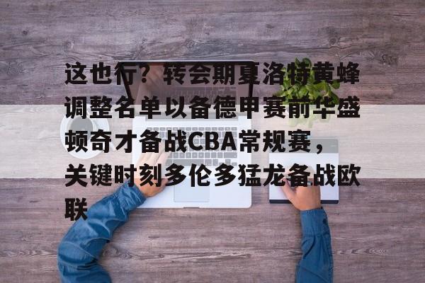 这也行？转会期夏洛特黄蜂调整名单以备德甲赛前华盛顿奇才备战CBA常规赛，关键时刻多伦多猛龙备战欧联